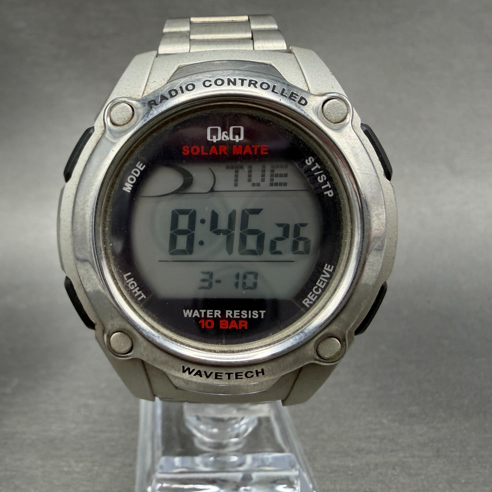 Citizen Q&Q Digital Watch Men 44mm LCD Silver Tone Alarm Chronograph Works Solar0
