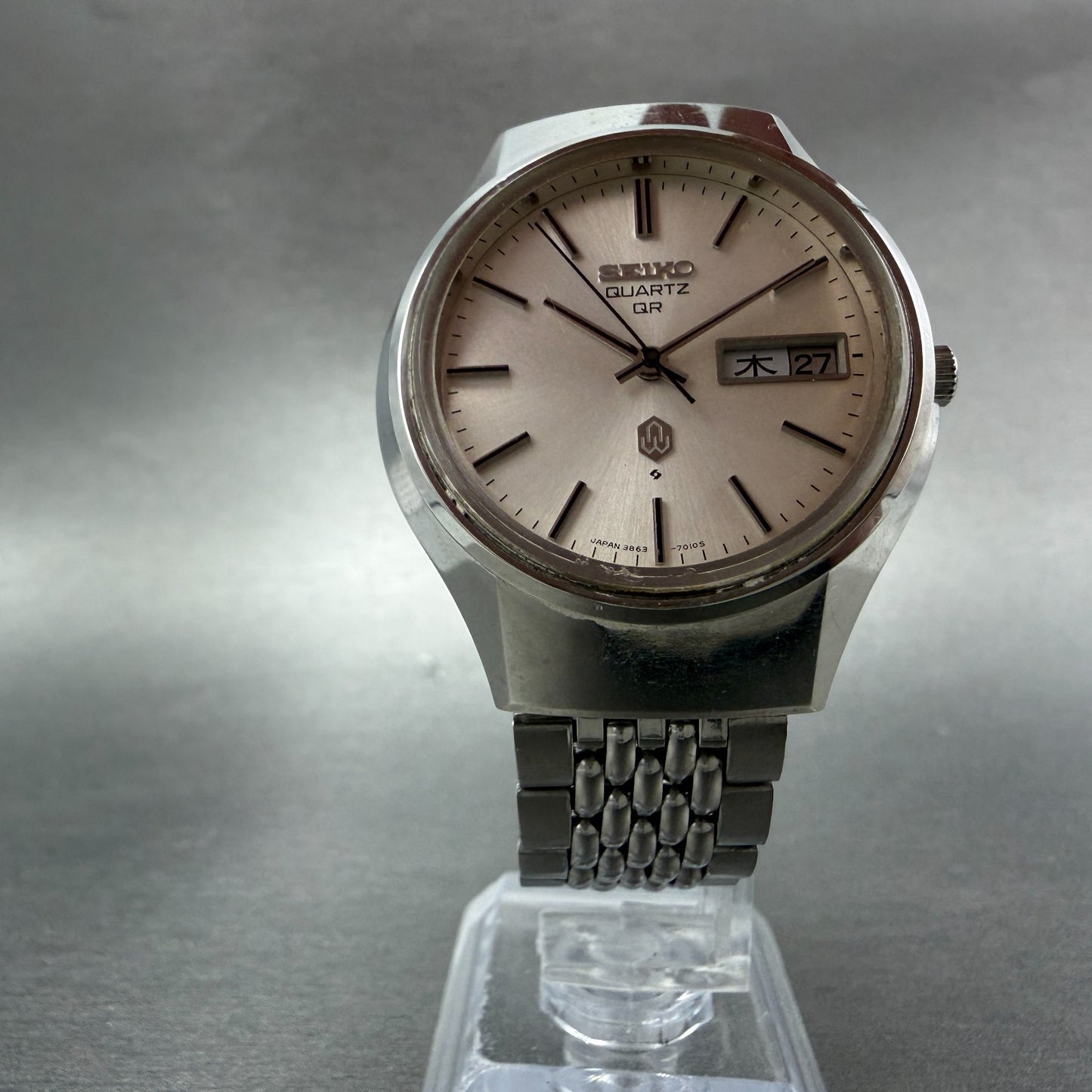 Seiko QR Watch Men 37mm Silver Dial Silver Tone Daydate 3863-7010 New Battery5
