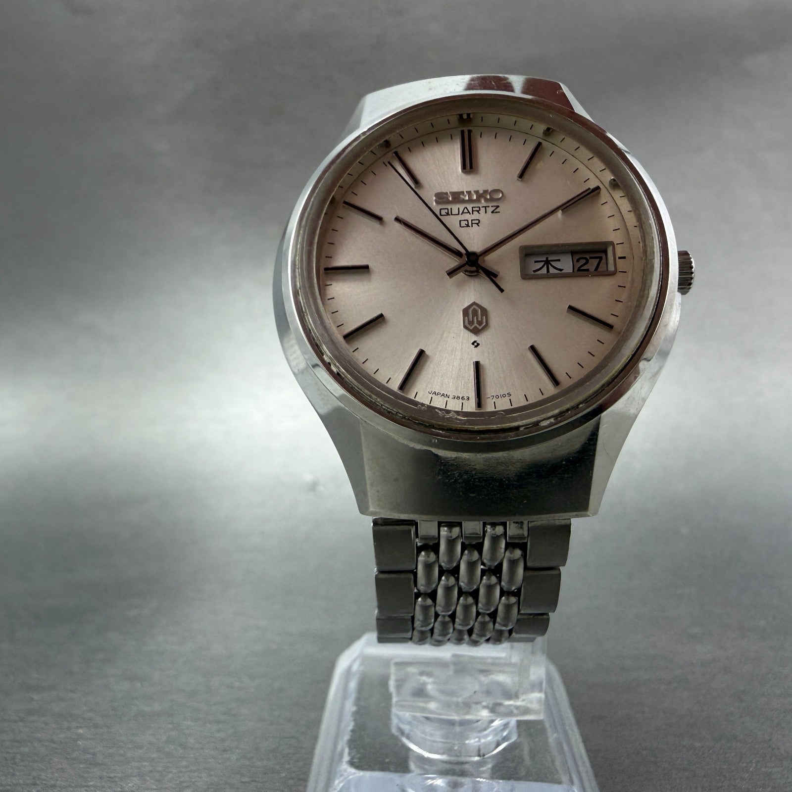 Seiko QR Watch Men 37mm Silver Dial Silver Tone Daydate 3863-7010 New Battery5