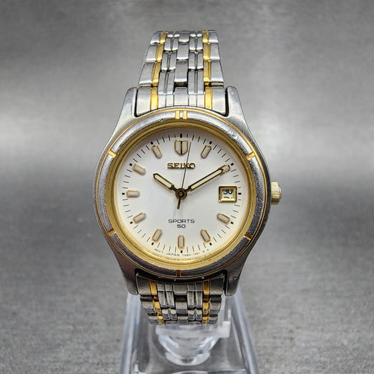 Seiko Sports 50 Watch Women 26mm White Dial Two Tone Date Round 7N820539 Works0