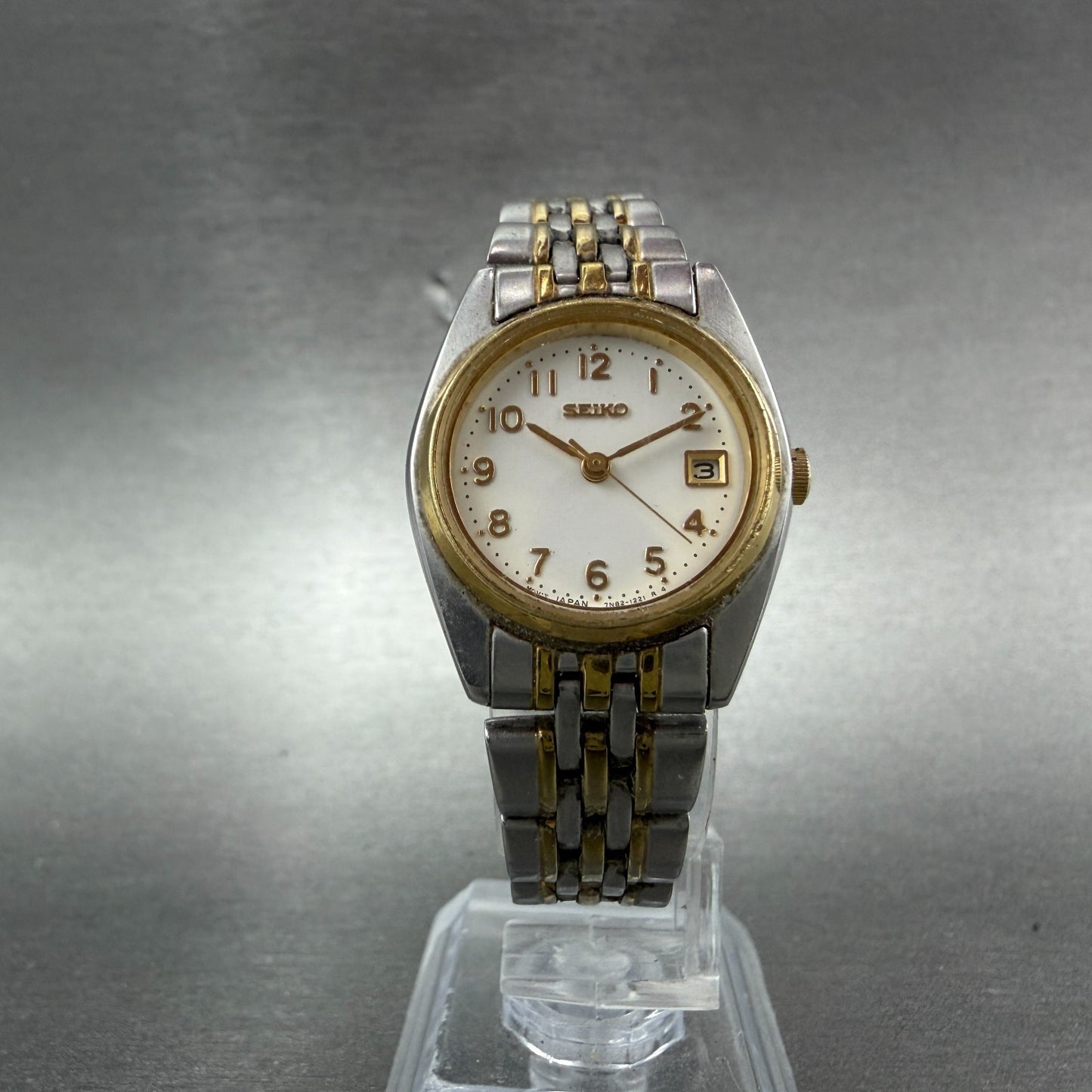 Seiko Watch Women 24mm White Dial Two Tone Date Round 7n82-6001 New Battery VTG5