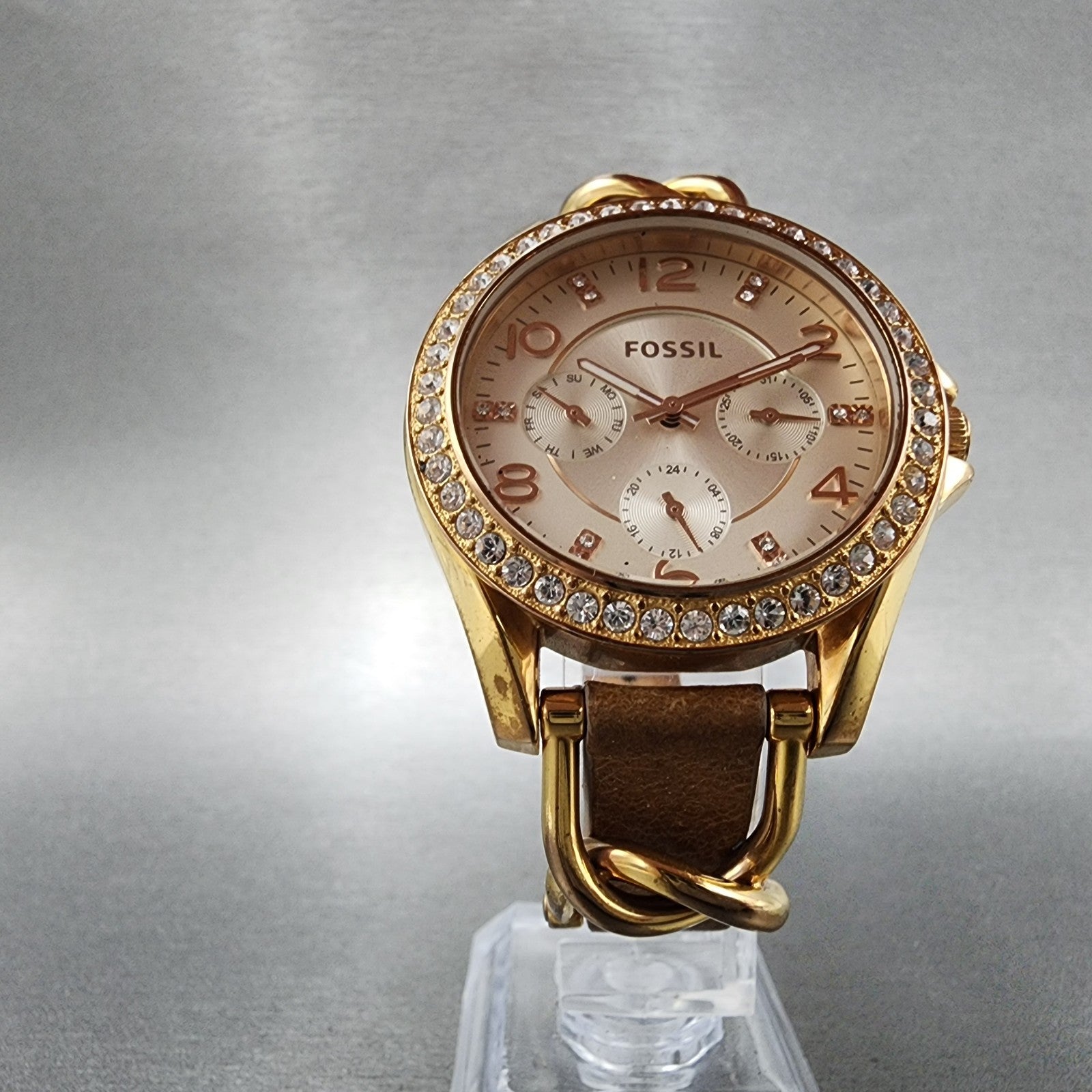 Fossil Riley Watch Women 38mm Silver Dial Rose Gold Tone Daydate Round New Batt5
