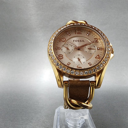 Fossil Riley Watch Women 38mm Silver Dial Rose Gold Tone Daydate Round New Batt5