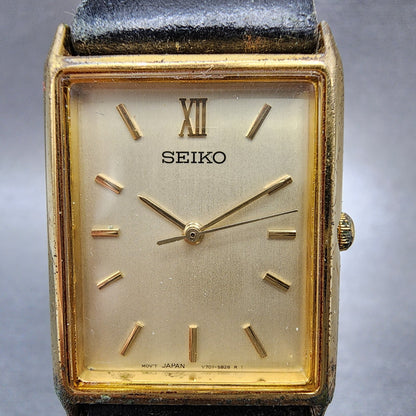 Seiko Tank Watch Men 25mm Gold Dial Gold Tone Rectangle V701-5E10 New Battery