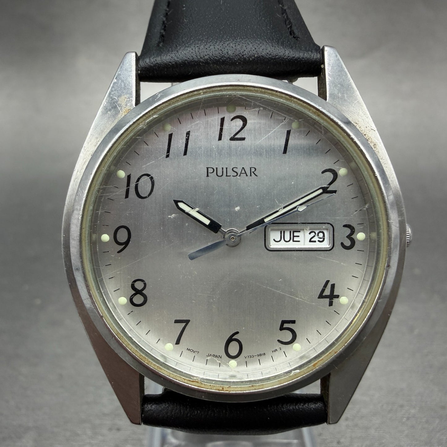 Seiko Pulsar Watch Men 37mm Silver Dial Silver Tone Daydate V733-9A40 NewBattery0