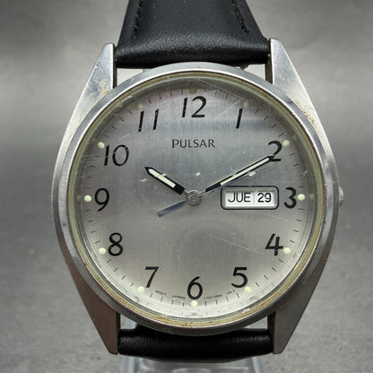 Seiko Pulsar Watch Men 37mm Silver Dial Silver Tone Daydate V733-9A40 NewBattery0