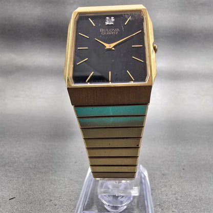 Bulova Tank Watch Men 27mm Black Dial Gold Tone Rectangle 92N76 New Battery VTG5
