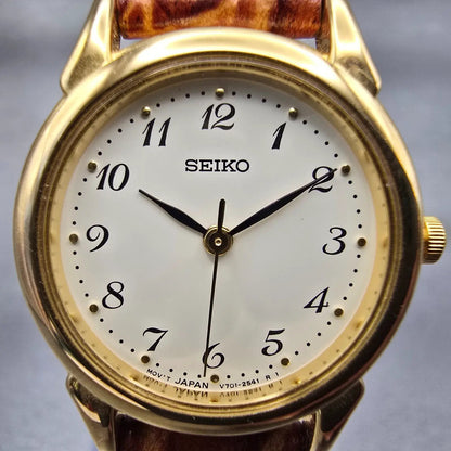 Seiko Watch Women 25mm Ivory Dial Gold Tone Round V701-1930 New Battery Vintage1
