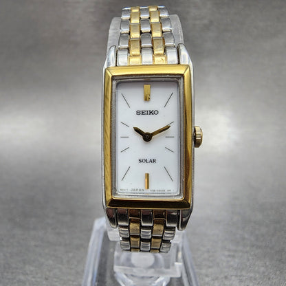 Seiko Solar Tank Watch Women 16mm White Dial Two Tone Rectangle V1160AA0 Runs0
