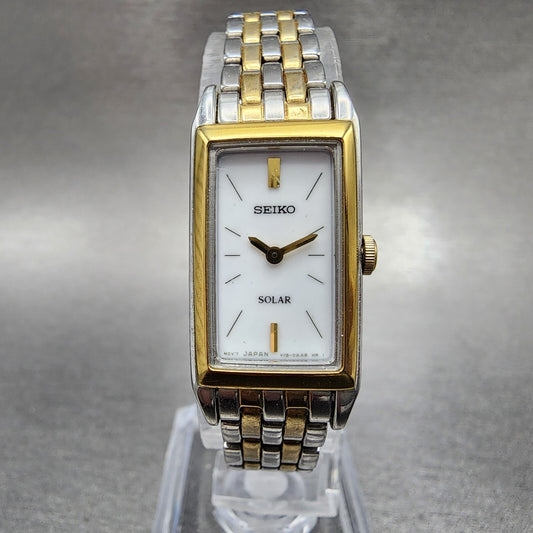 Seiko Solar Tank Watch Women 16mm White Dial Two Tone Rectangle V1160AA0 Runs0