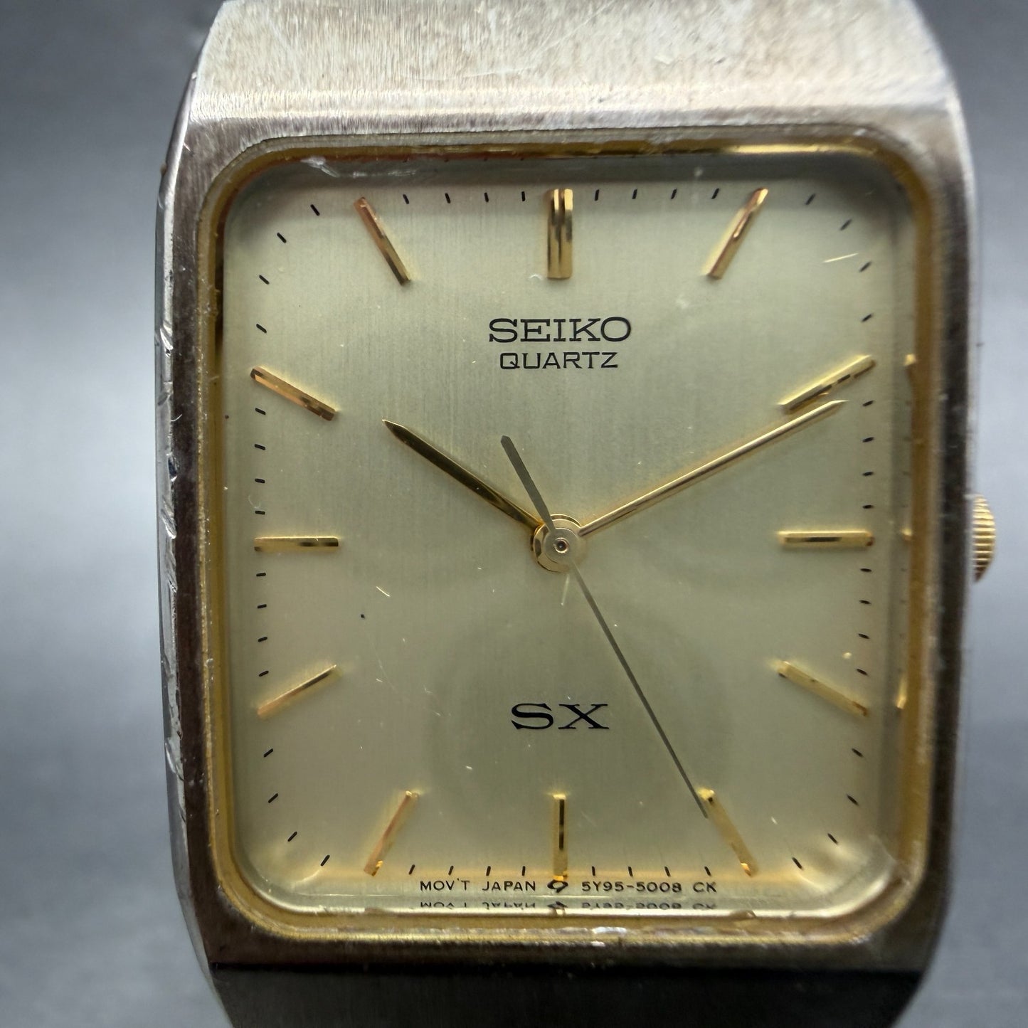 Seiko SX Tank Watch Men 26mm Champagne Dial Two Tone Rectangle 5Y95-5010 New Bat1