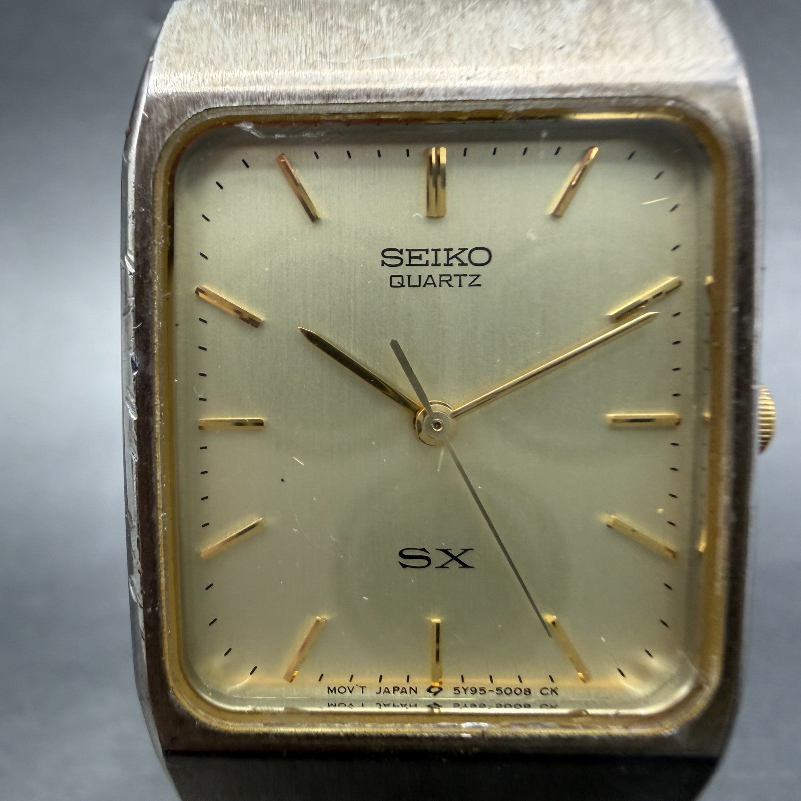 Seiko SX Tank Watch Men 26mm Champagne Dial Two Tone Rectangle 5Y95-5010 New Bat1