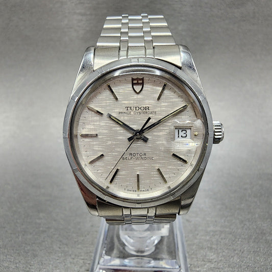 Tudor Prince Oysterdate Watch Men 35mm Linen Champagne Dial Steel Fluted Bezel