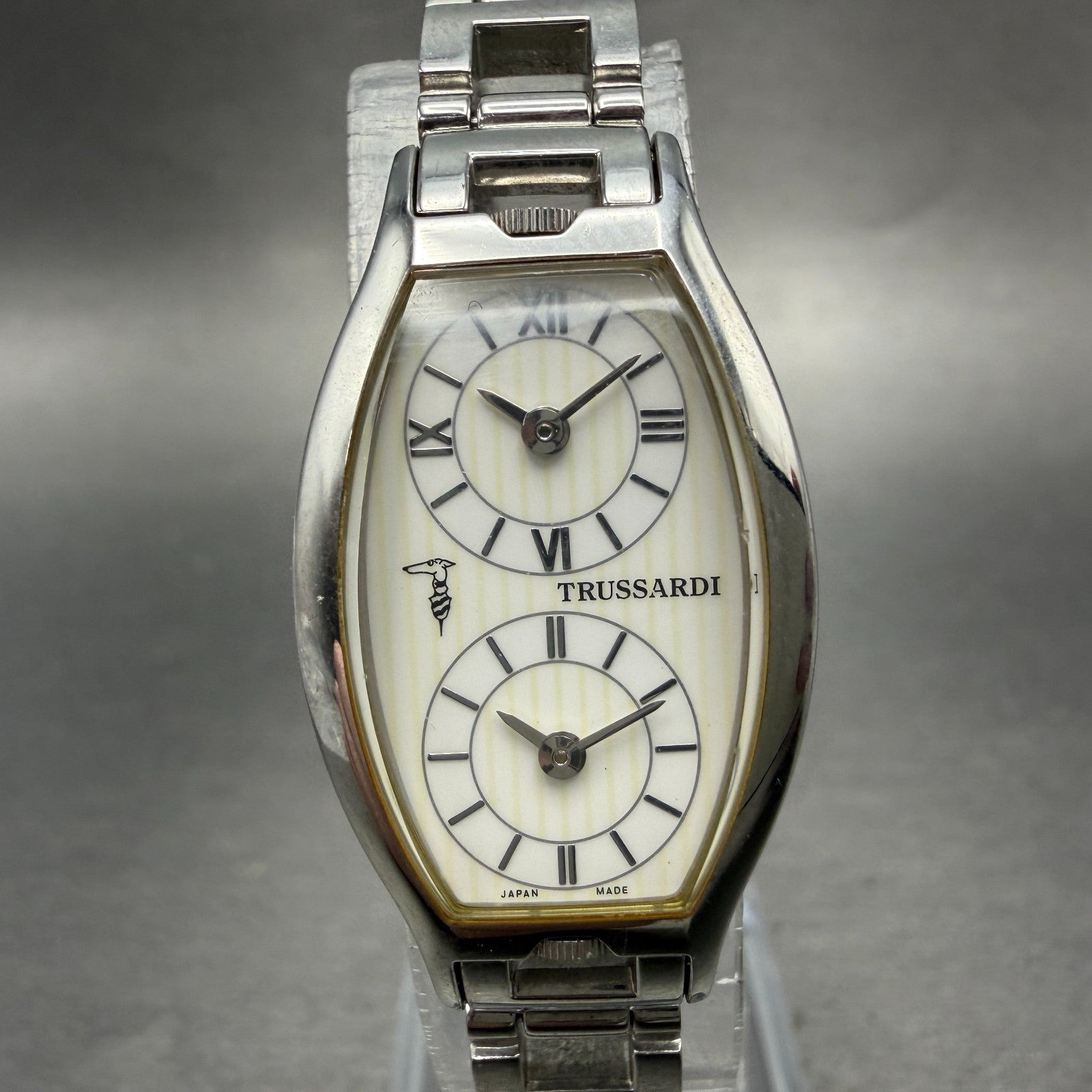 Trussardi Dual Time Watch Women 20mm White Dial Silver Tone Rectangle New Batt0