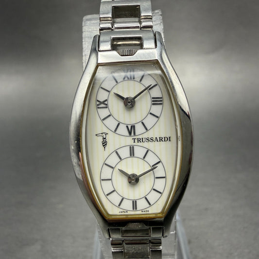 Trussardi Dual Time Watch Women 20mm White Dial Silver Tone Rectangle New Batt0