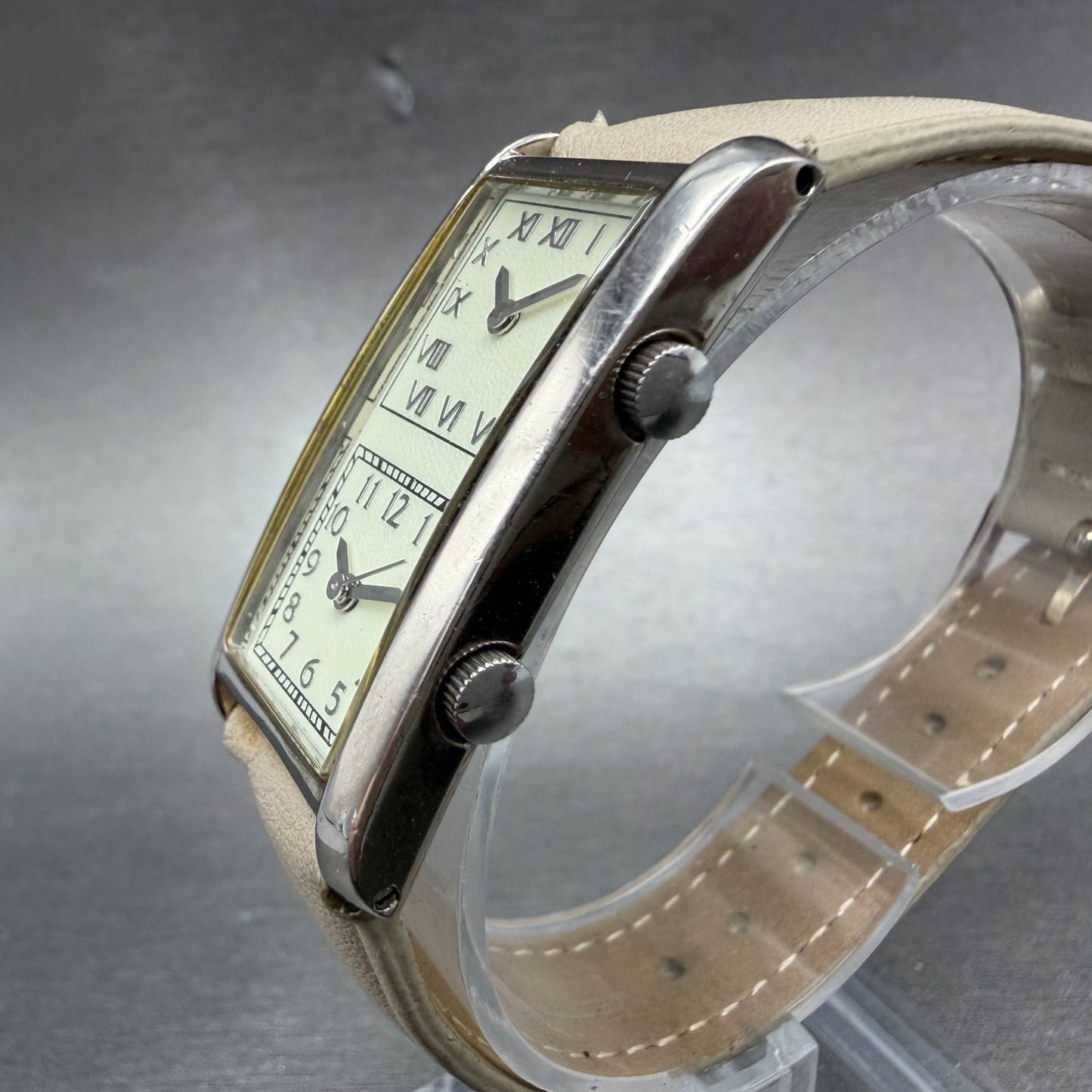 Japanesse Airline Dual Time Watch Women 20mm Cream Dial Silver Rectangle Newbatt2