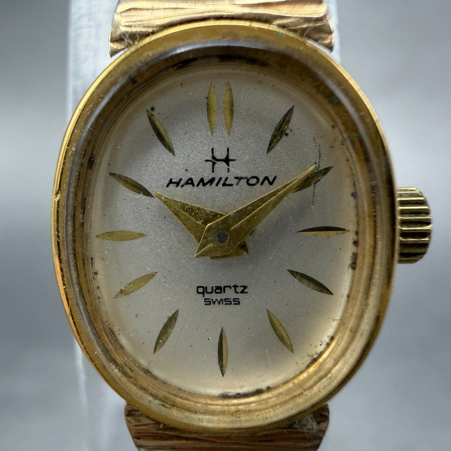 Hamilton Watch Women 14mm White Dial Gold Tone Oval New Battery Vintage ABC1