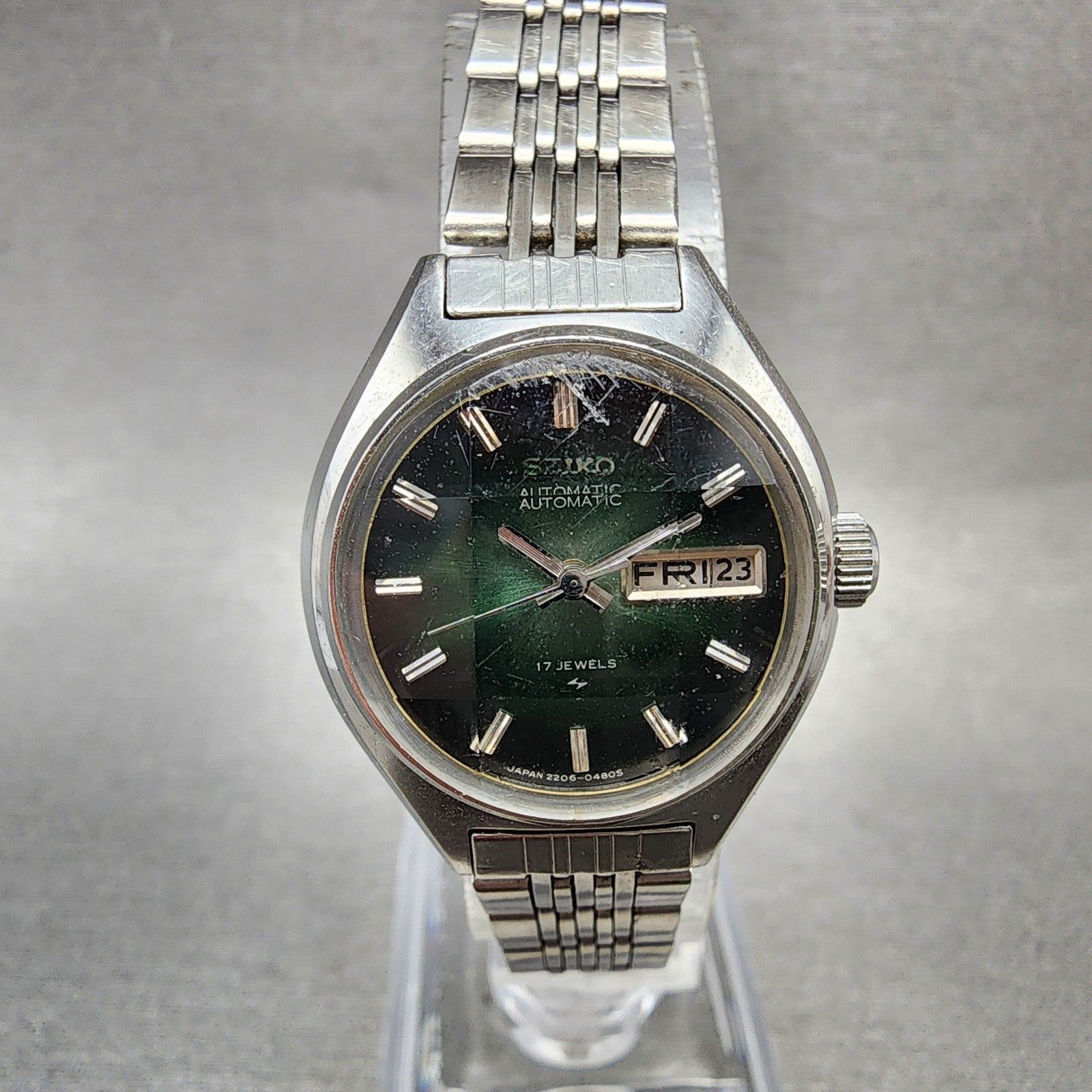 Seiko Automatic Watch Women 24mm Green Dial Silver Tone Daydate 22060300 Runs0