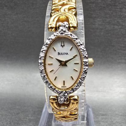 Bulova Watch Women 16mm MOP Dial Gold Tone Crystal Bezel Oval 98R51 New Battery0