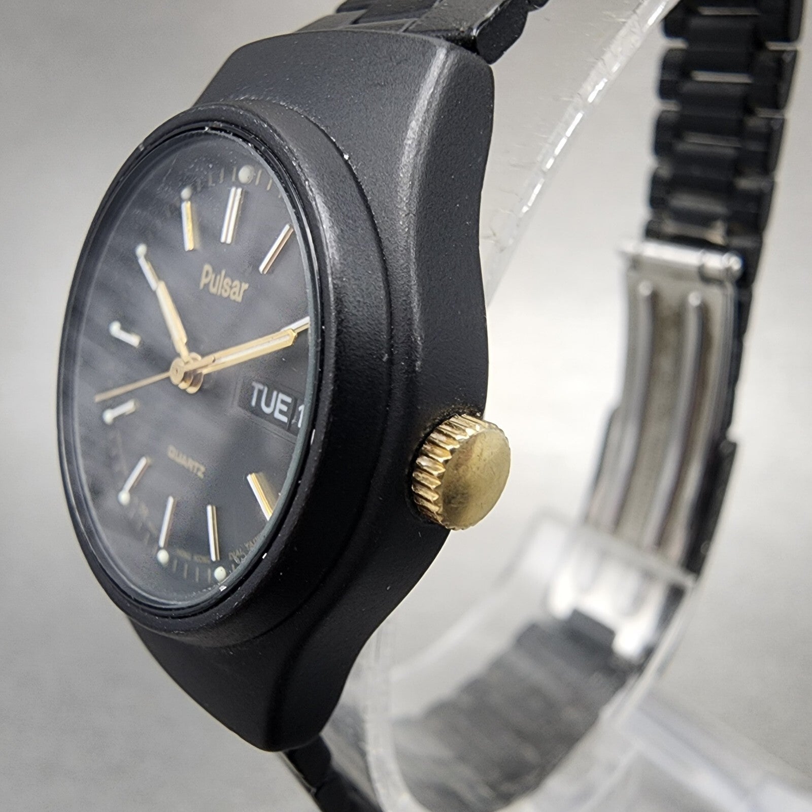 Pulsar Watch Women 25mm Black Dial Black Tone Daydate Round Y6430330 New Batt2