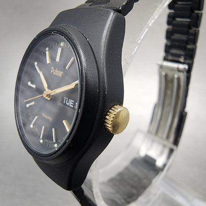 Pulsar Watch Women 25mm Black Dial Black Tone Daydate Round Y6430330 New Batt2