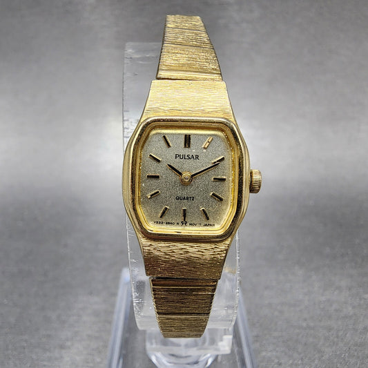 Seiko Pulsar Watch Women 16mm Champagne Dial Gold Tone Rectangle New Battery0