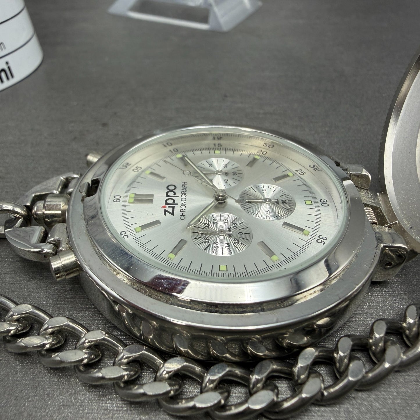 Zippo Pocket Watch Men 49mm Silver Dial Steel Chronograph Round New Battery4