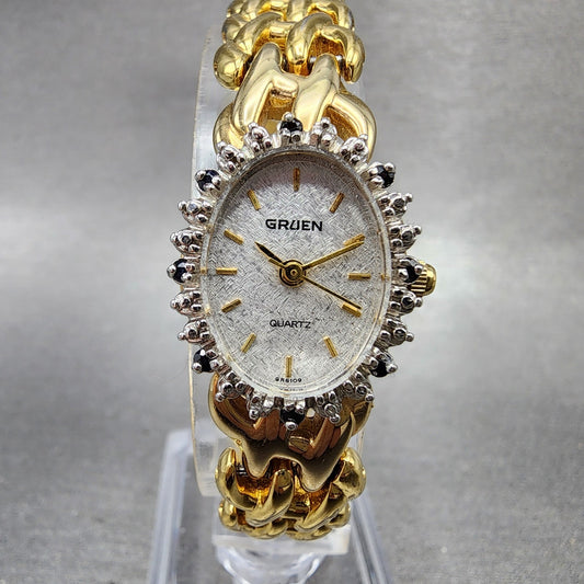 Gruen Watch Women 17mm White Dial Gold Oval Diamond & Gem Bezel New Battery0