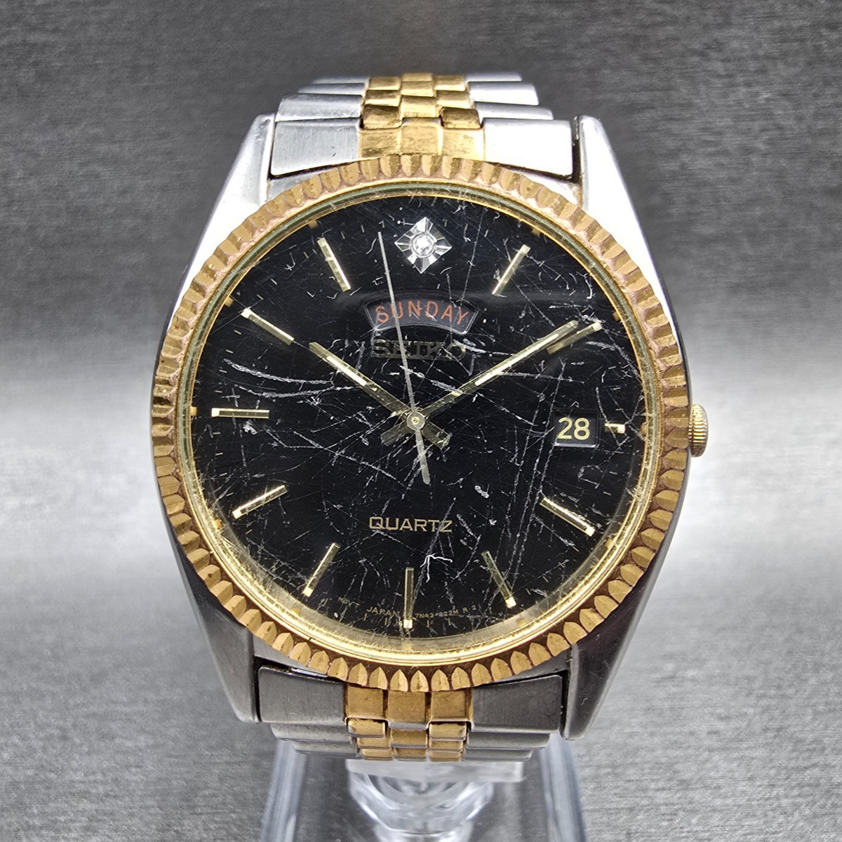 Seiko President Watch Men 36mm Black Dial Two Tone Daydate 7N43-8119 New Batt JP0