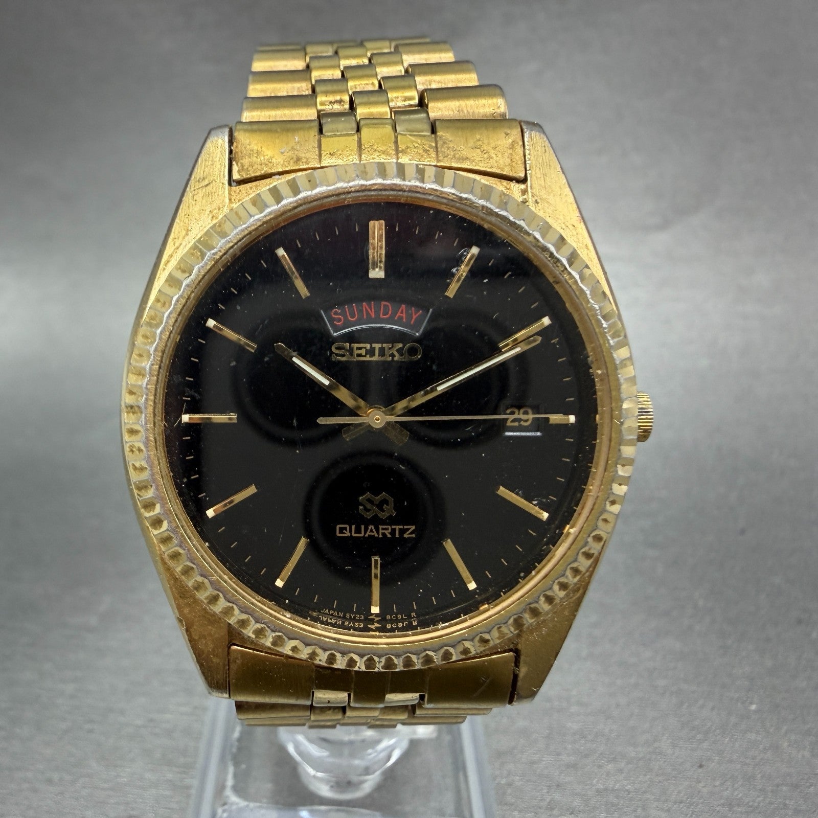 Seiko SQ President Watch Men 36mm Black Dial Gold Tone Daydate 5Y23-8A69 NewBatV0