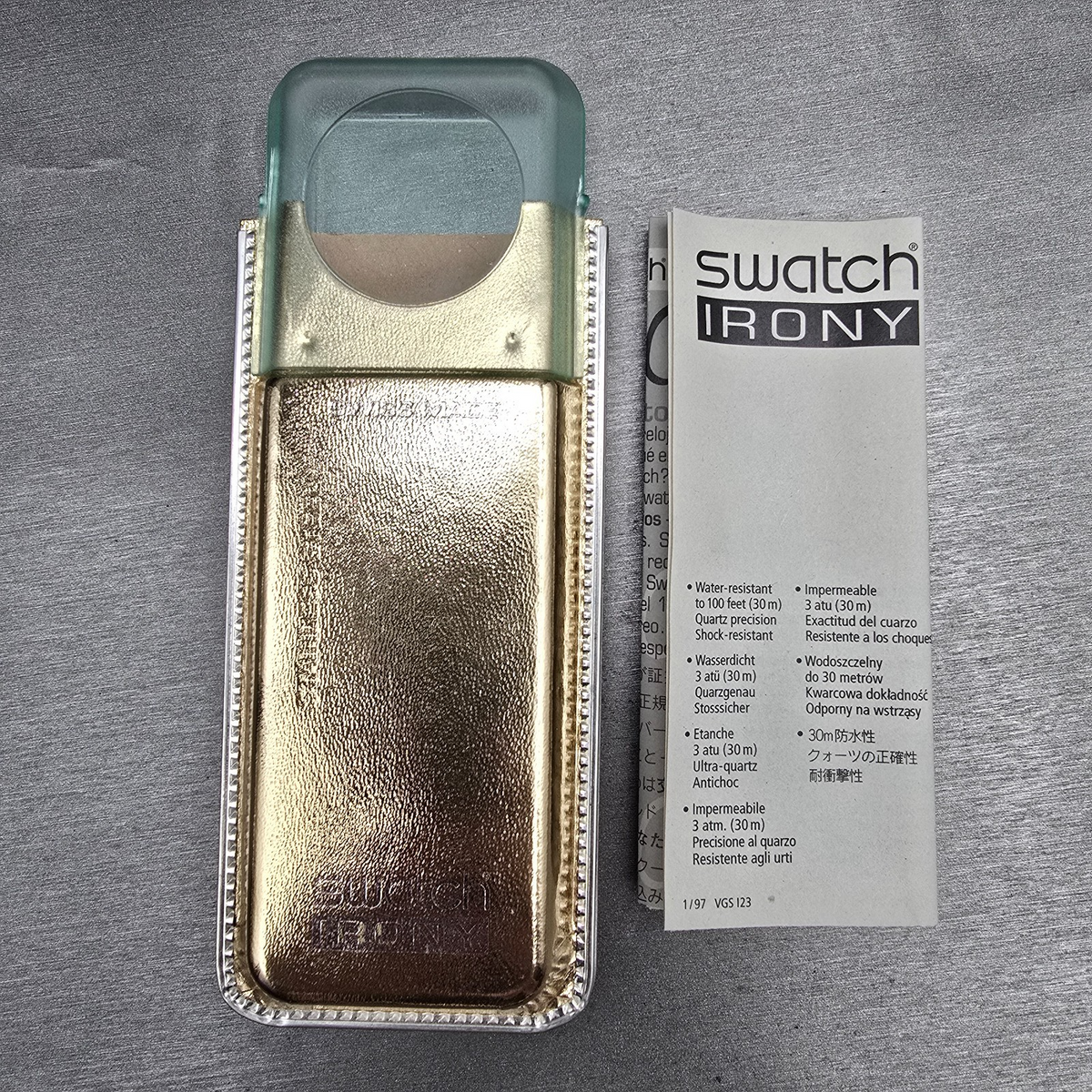 Swatch Irony Medium Evensong Watch Men 33mm Blue Dial Gold YLG110 New Batt NOS10
