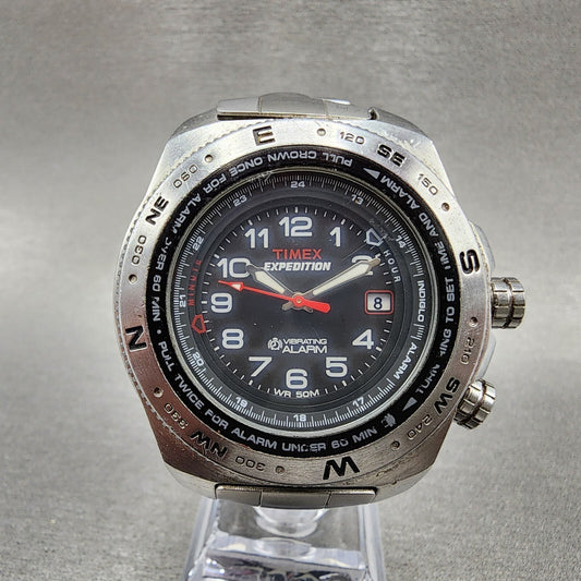 Timex Expedition Watch Men 42mm Black Dial Silver Tone Date New Battery READ!!