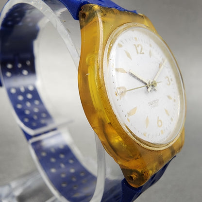 Swatch Gold Bride Watch Women 25mm White Dial Clear Case Round LK123 New Battery