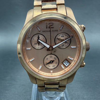 Michael Kors Runway Chronograph Watch Women 33mm Rose Dial Rose Gold Tone NewBat0