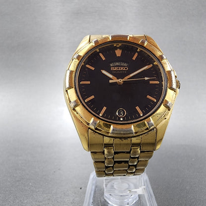 Seiko Watch Men 37mm Black Dial Gold Tone Daydate 7n43-6a79 New Battery