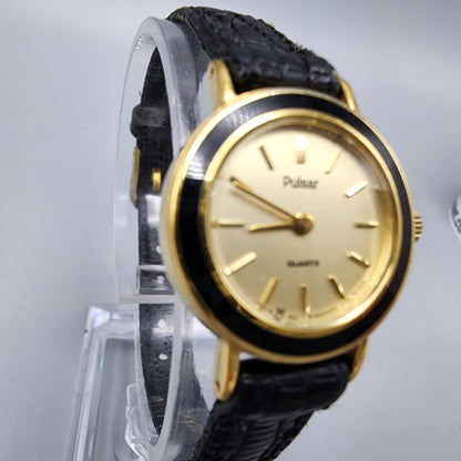 VTG Pulsar Watch Women Gold Tone Round 22mm Leather Band Y480-0540 New Battery