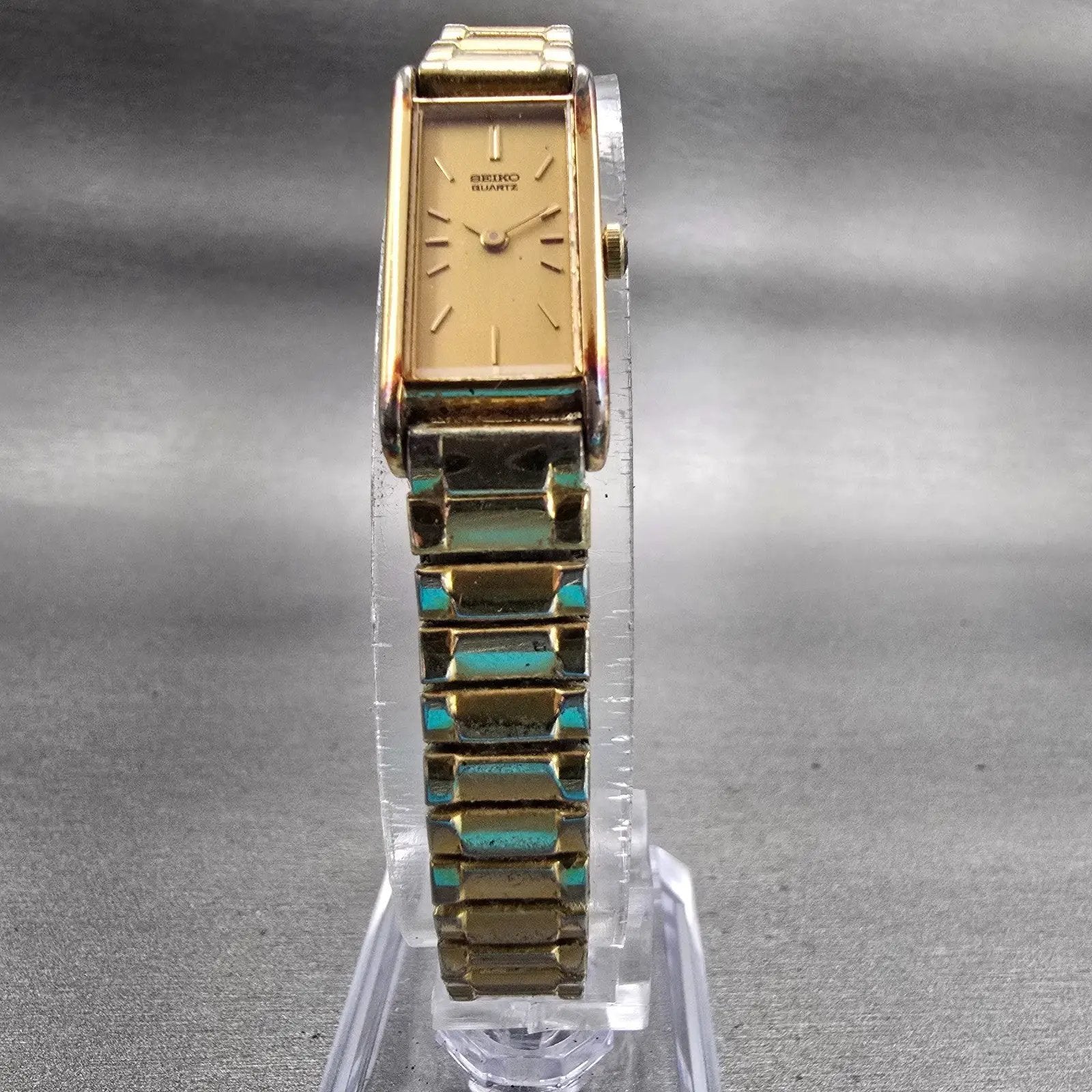 Seiko Watch Women 12mm Gold Dial Gold Tone Rectangle 2E20-5239 New Battery VTG5