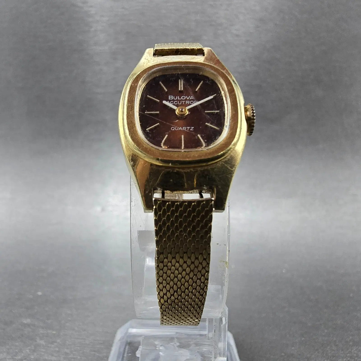 Bulova Accutron Watch Women 18mm Brown Dial Gold Tone Rectangle Mesh band PARTS6