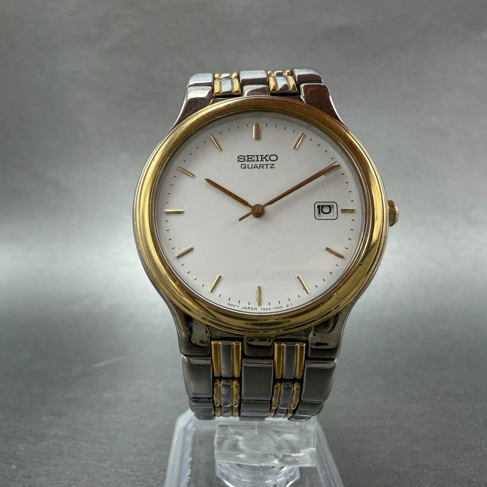 Seiko Watch Men 34mm White Dial Two Tone Date Round 7N22-7021 New Battery5