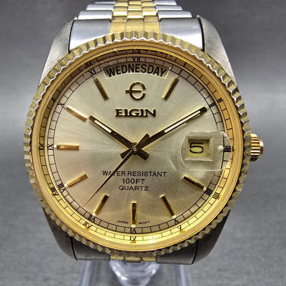 Elgin President Watch Men 38mm Champagne Dial Two Tone Daydate Round New Battery0