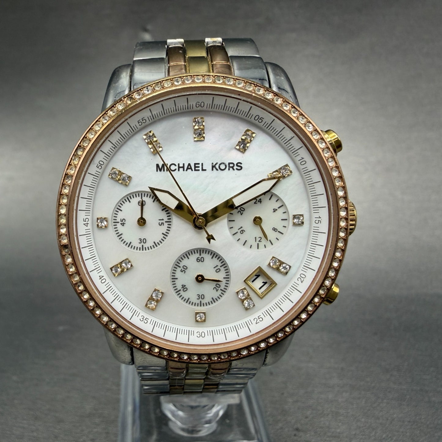Michael Kors Ritz Chronograph Watch Women 37mm MOP Dial Two Tone New Battery0