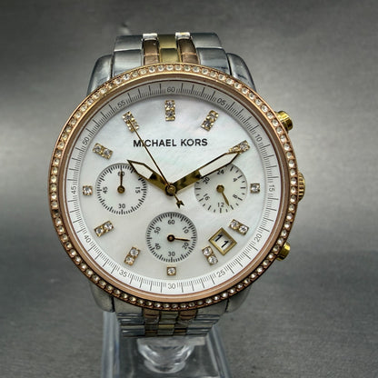 Michael Kors Ritz Chronograph Watch Women 37mm MOP Dial Two Tone New Battery0