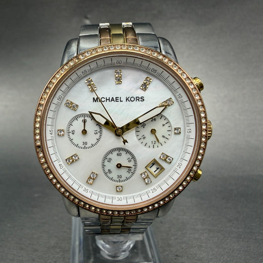 Michael Kors Ritz Chronograph Watch Women 37mm MOP Dial Two Tone New Battery0