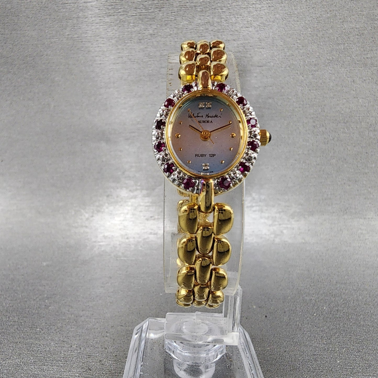 Valentino Moradei Aurora Watch Women 20mm Silver Dial Gold Tone Ruby Bezel Runs5