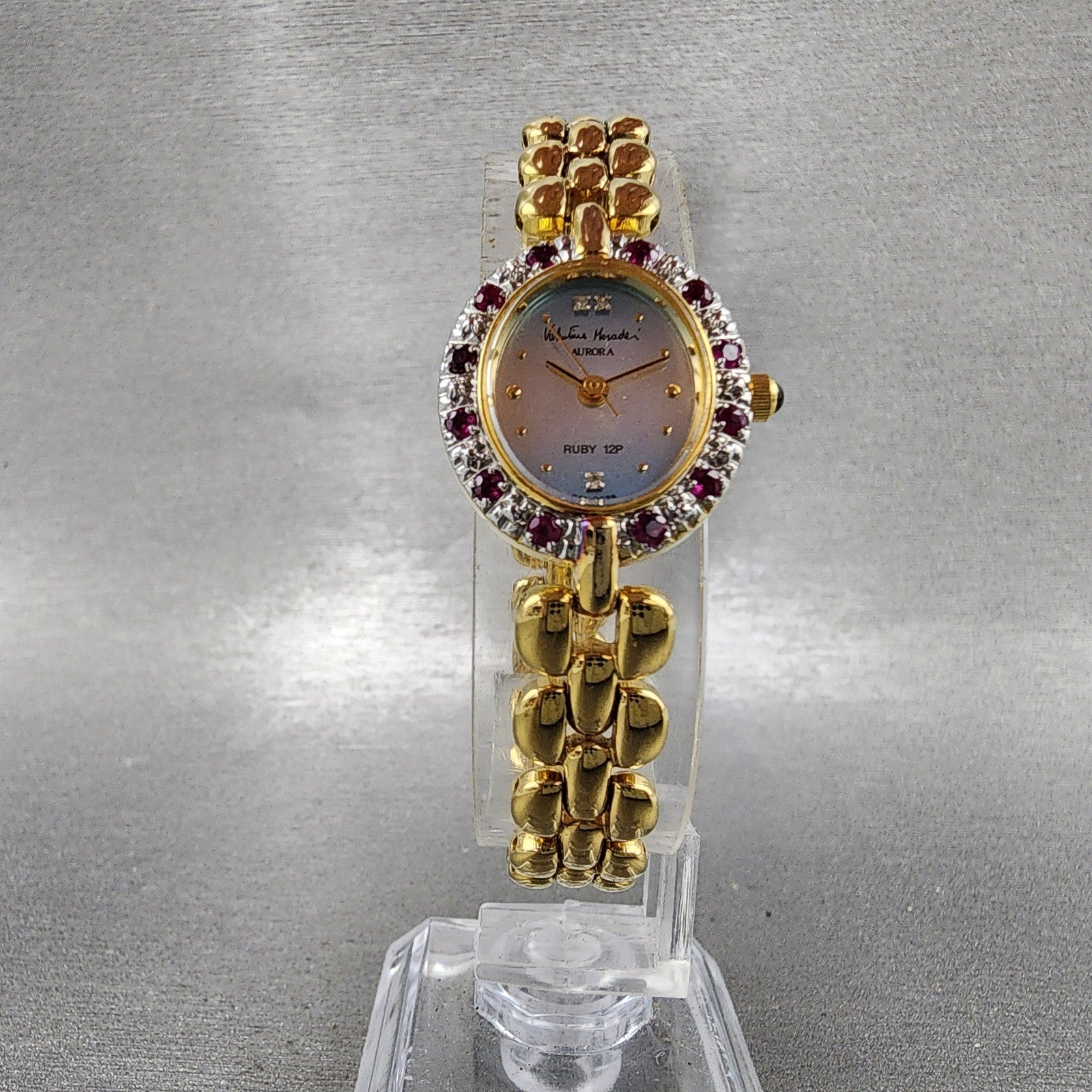 Valentino Moradei Aurora Watch Women 20mm Silver Dial Gold Tone Ruby Bezel Runs5