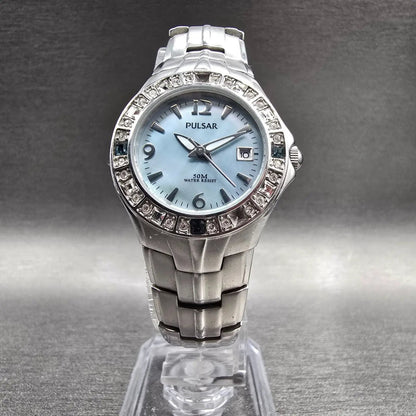 Seiko Pulsar Watch Women 27mm MOP Dial Silver Tone Gemmed Date VX82-X416 New Bat5