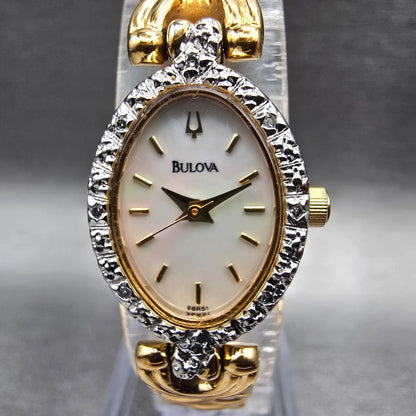 Bulova Watch Women 16mm MOP Dial Gold Tone Crystal Bezel Oval 98R51 New Battery1