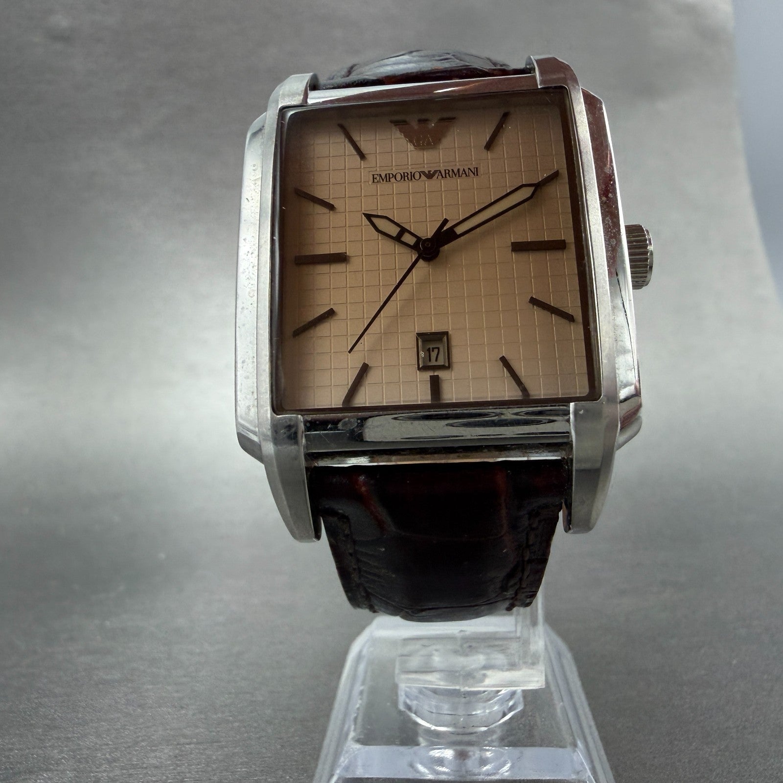 Emporio Armani Tank Watch Men 35mm Cream Dial Steel Date Rectangle AR-0477 Works5