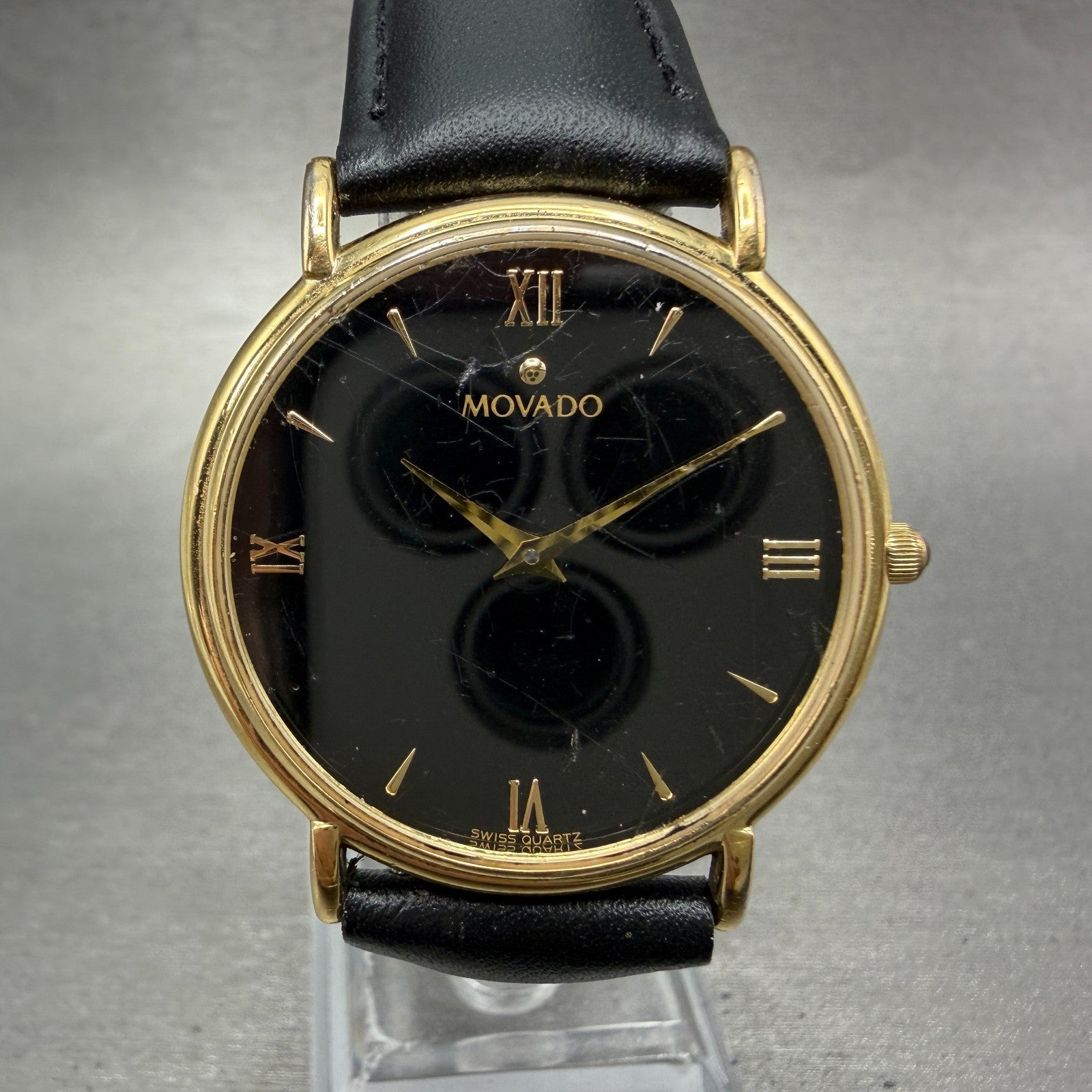 Movado Watch Men 34mm Black Dial Gold Tone Round 87-E4-0885 New Battery VTG BG0