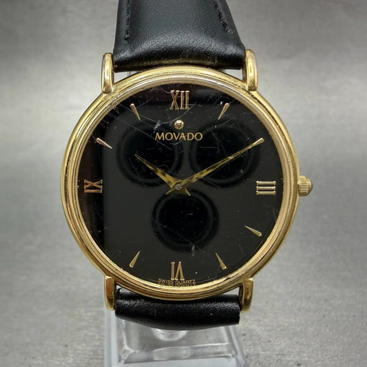 Movado Watch Men 34mm Black Dial Gold Tone Round 87-E4-0885 New Battery VTG BG0